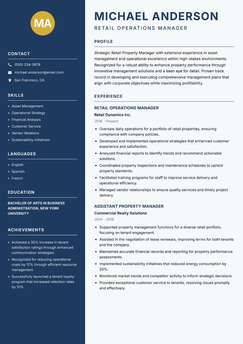 Retail Property Manager Resume Preview Example