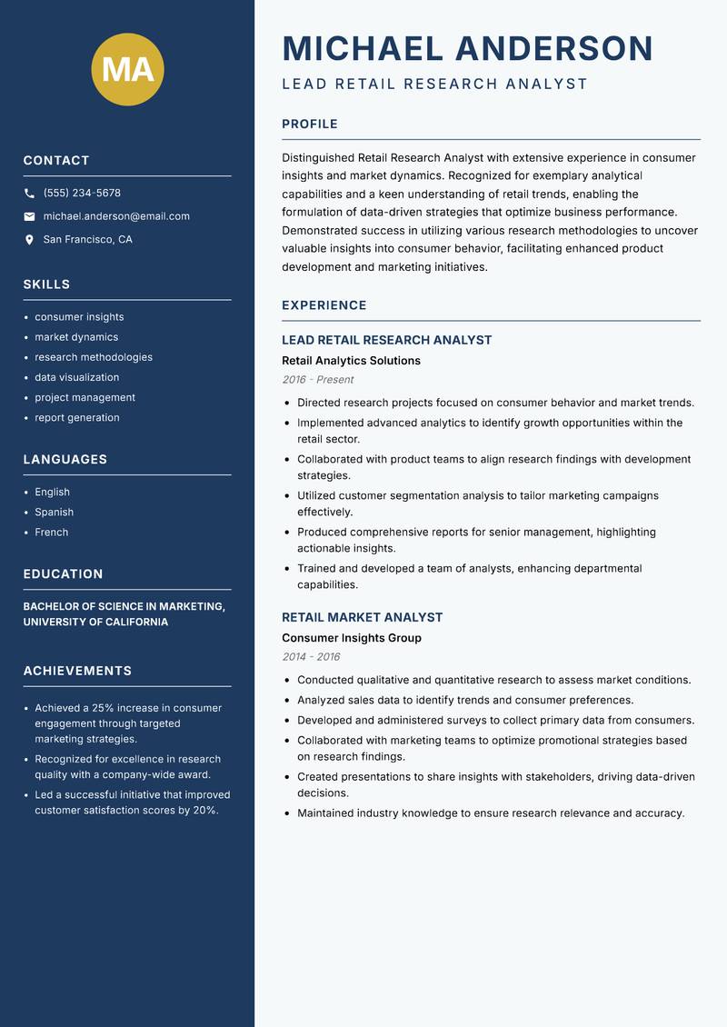 Retail Research Analyst Resume Preview Example