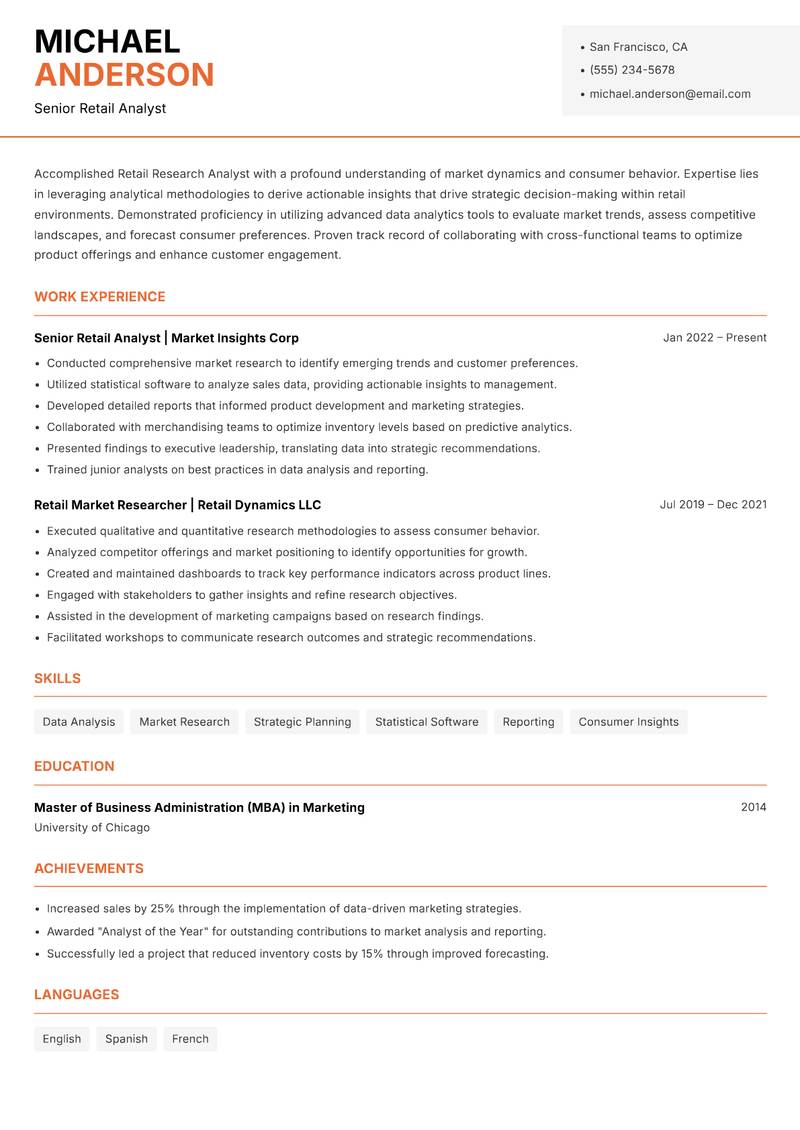 Retail Research Analyst Resume Template