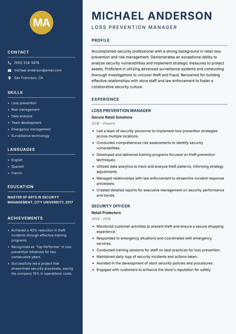 Retail Security Officer Resume Preview Example