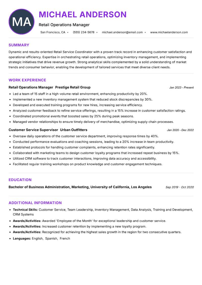 Retail Service Coordinator Resume Preview Example