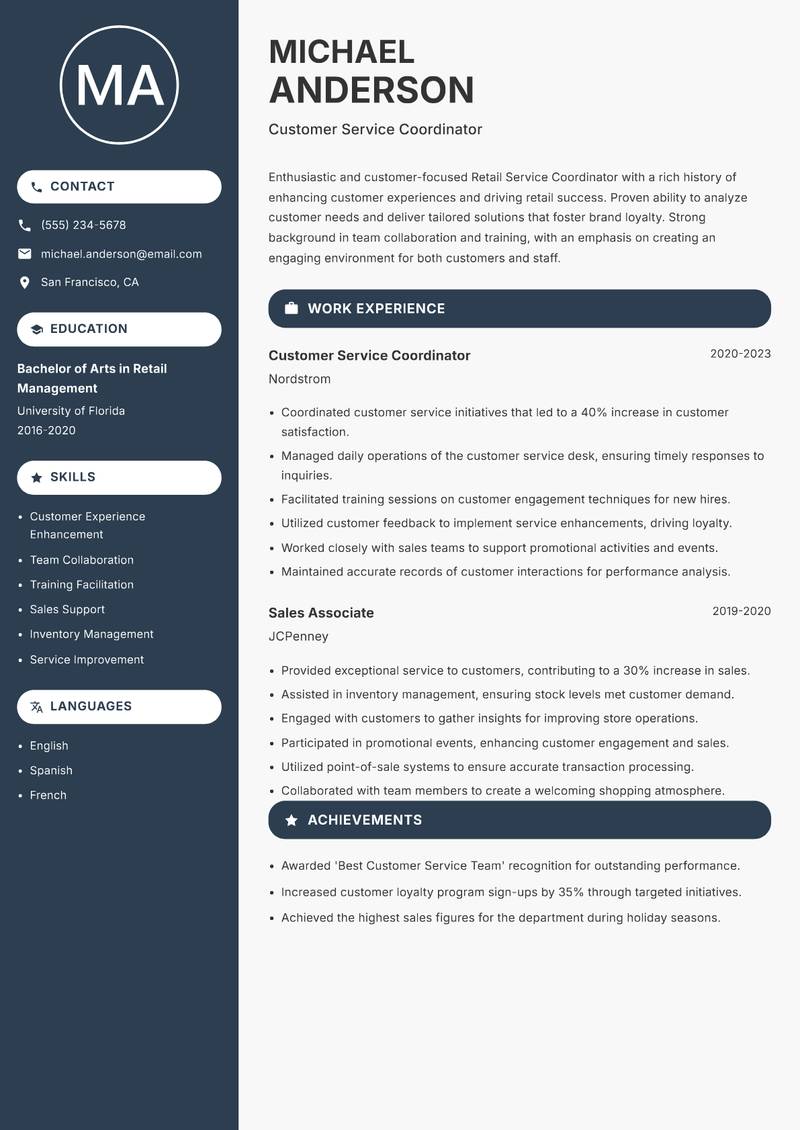 Retail Service Coordinator Resume Preview Example