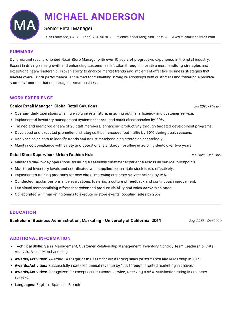 Retail Store Manager Resume Preview Example