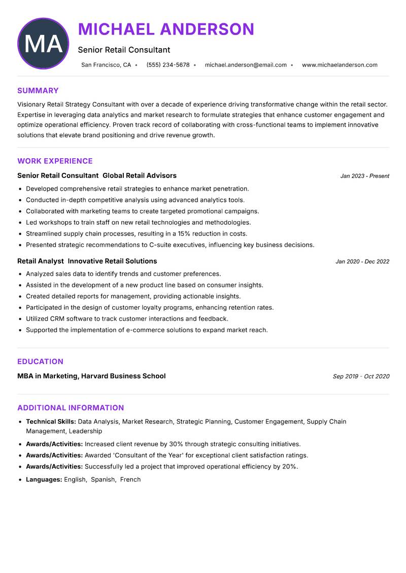 Retail Strategy Consultant Resume Preview Example