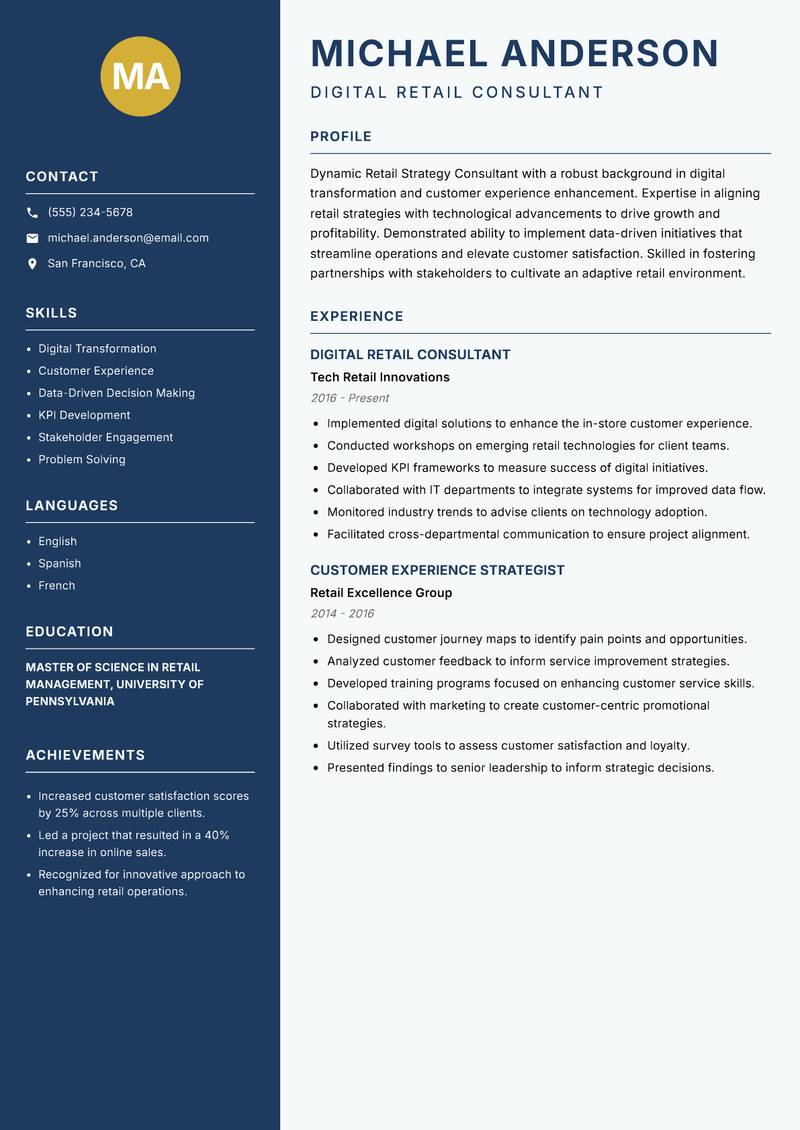 Retail Strategy Consultant Resume Preview Example