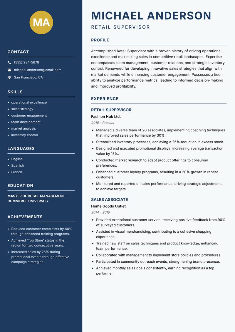 Retail Supervisor Resume Preview Example