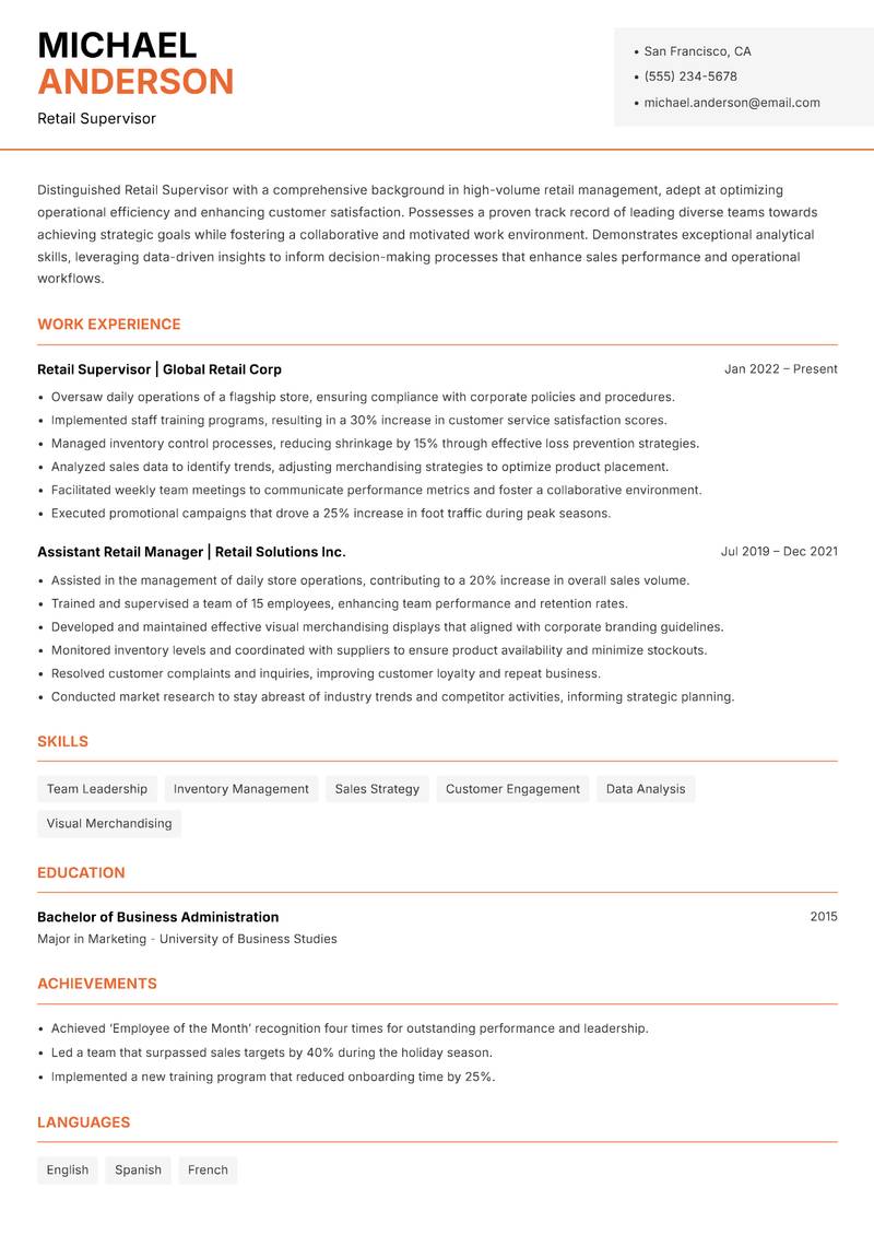 Retail Supervisor Resume Template