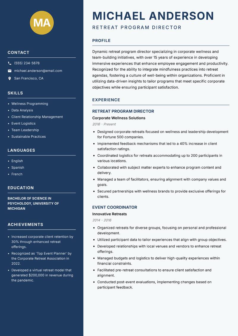 Retreat Program Director Resume Preview Example