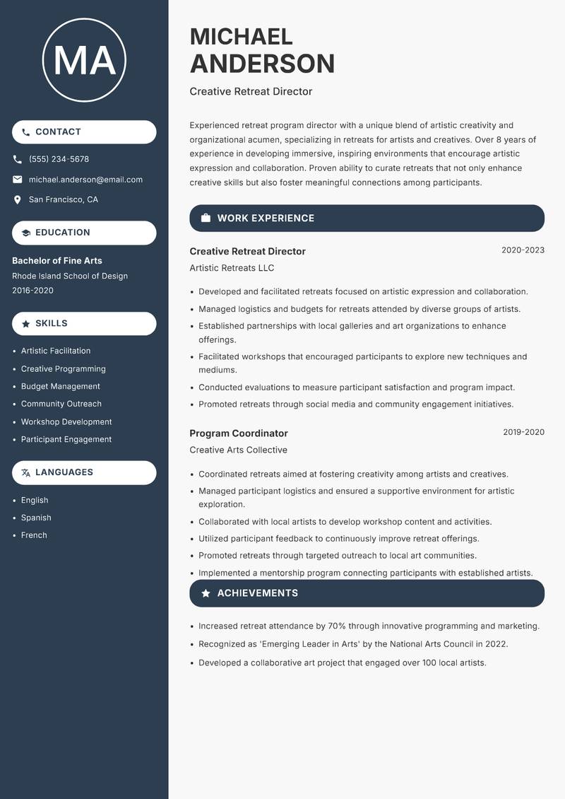 Retreat Program Director Resume Preview Example