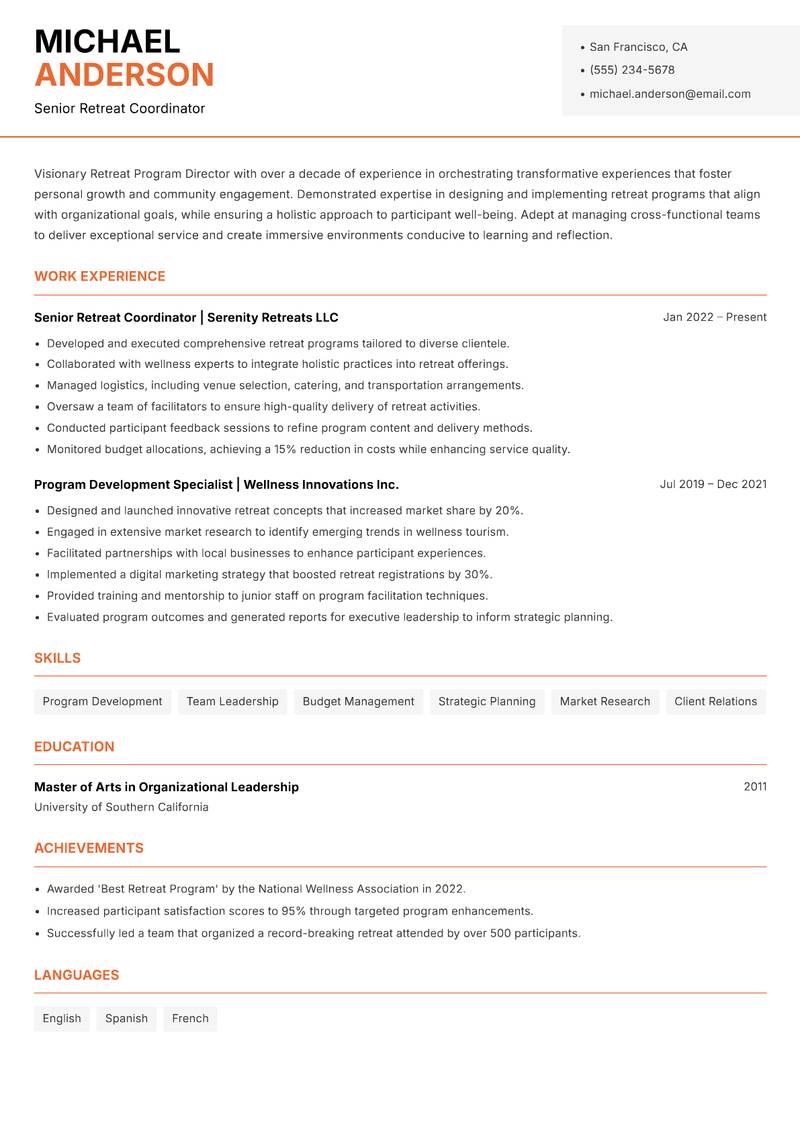 Retreat Program Director Resume Template