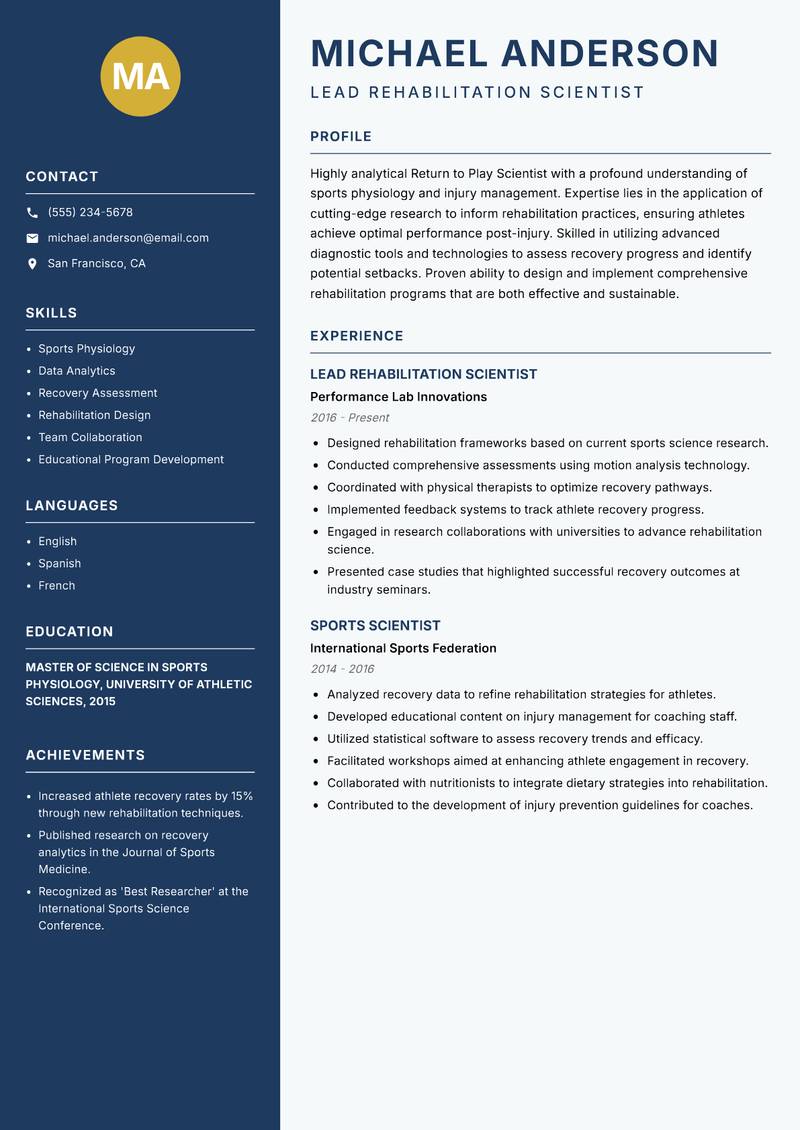 Return to Play Scientist Resume Preview Example