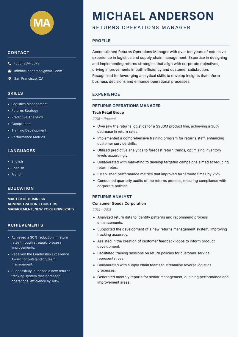 Returns Operations Manager Resume Preview Example