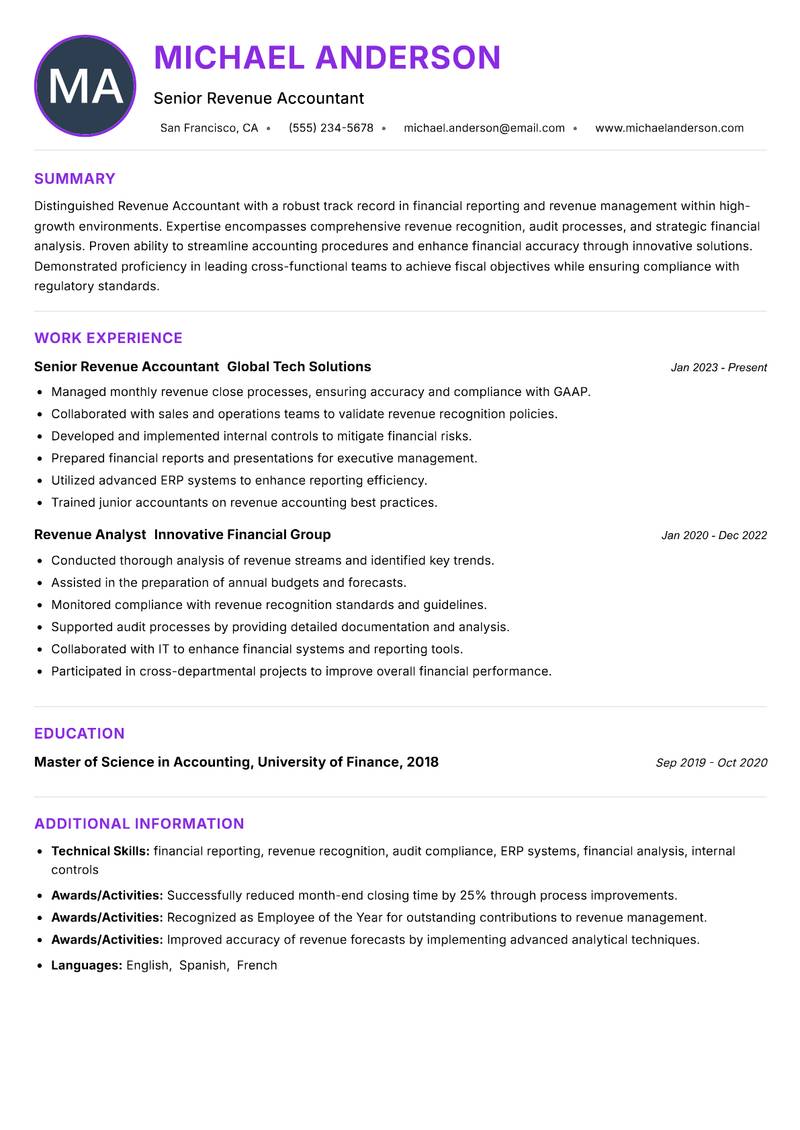 Revenue Accountant Resume Preview Example