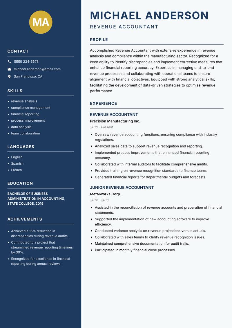 Revenue Accountant Resume Preview Example
