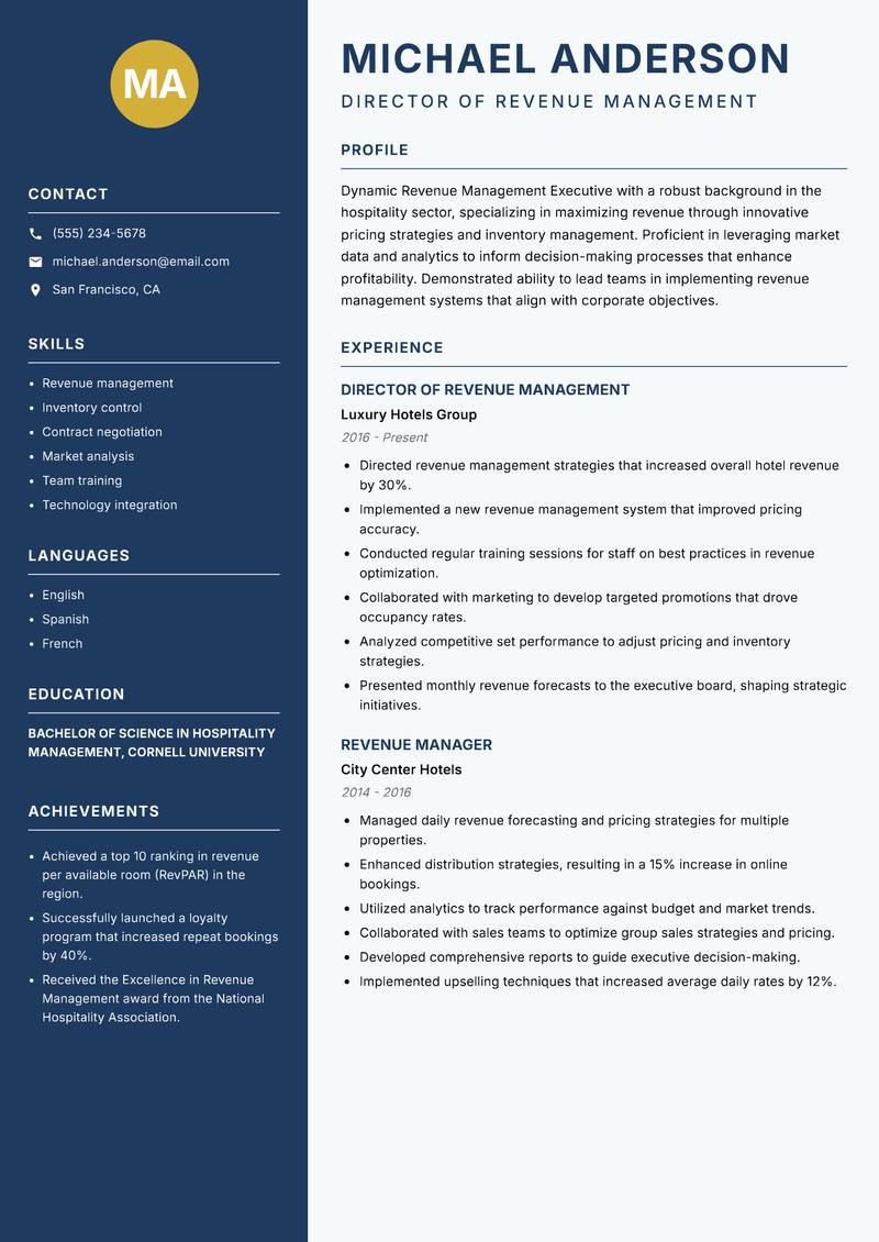 Revenue Management Executive Resume Preview Example