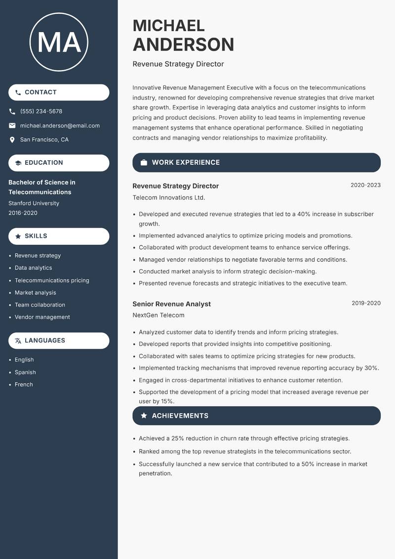 Revenue Management Executive Resume Preview Example
