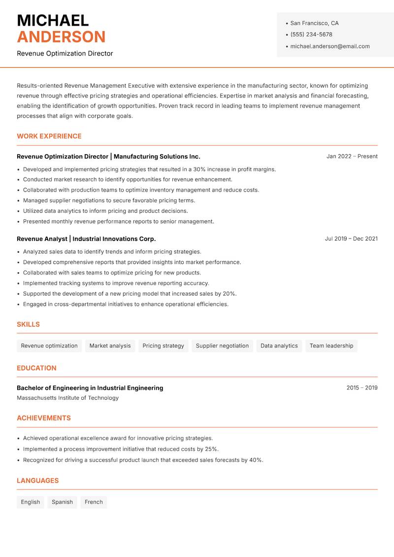 Revenue Management Executive Resume Template