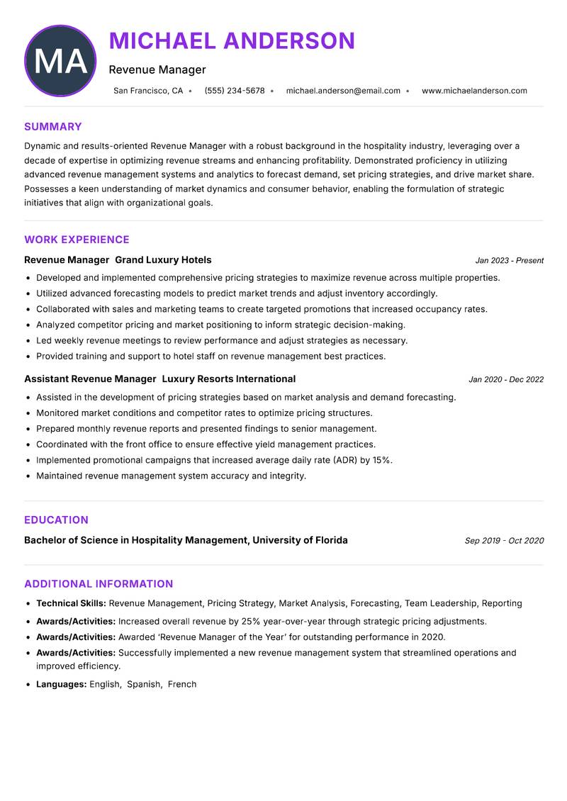 Revenue Manager Hospitality Resume Preview Example