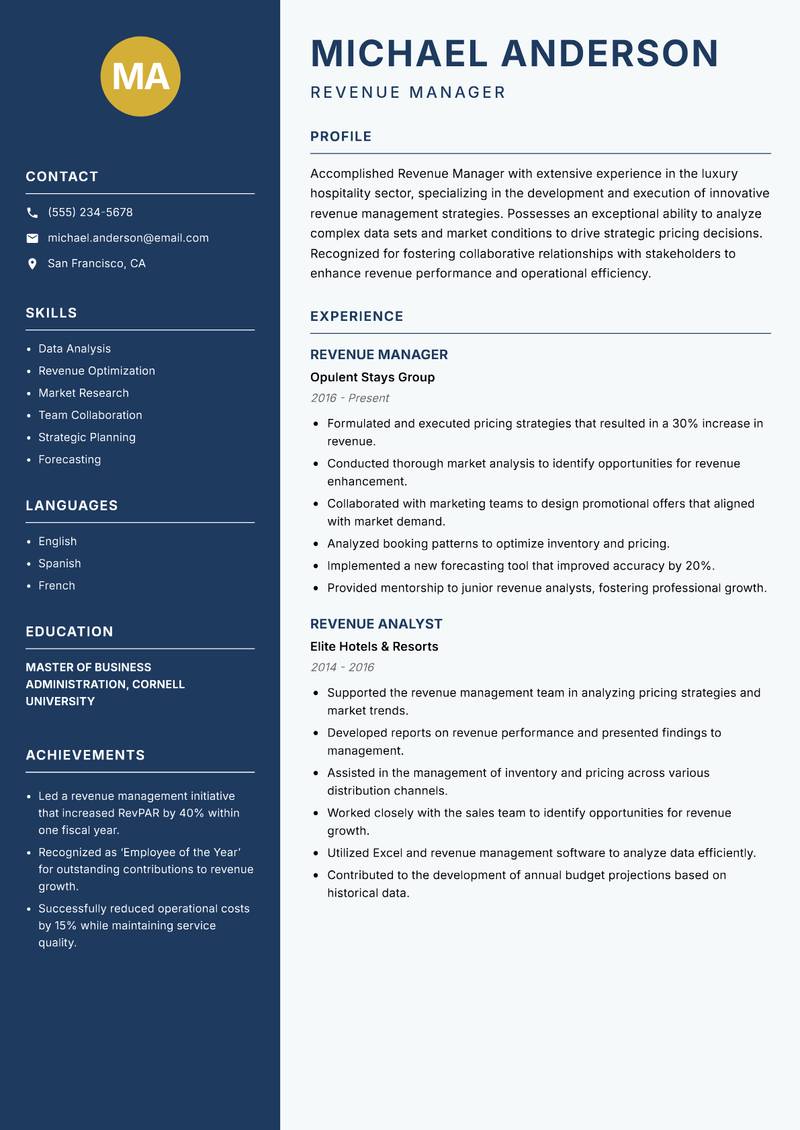 Revenue Manager Hospitality Resume Preview Example
