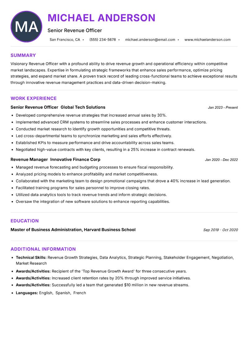 Revenue Officer Resume Preview Example
