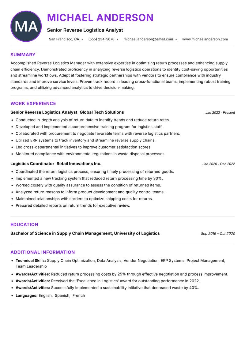 Reverse Logistics Manager Resume Preview Example