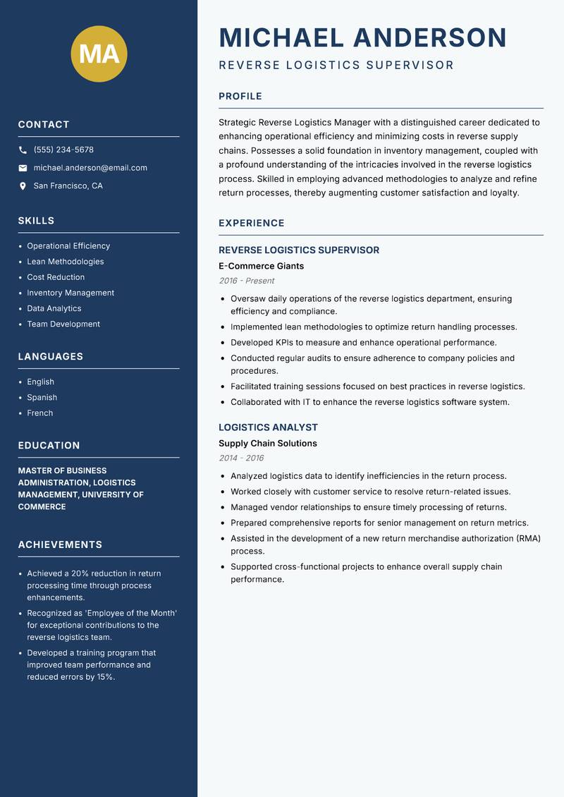 Reverse Logistics Manager Resume Preview Example
