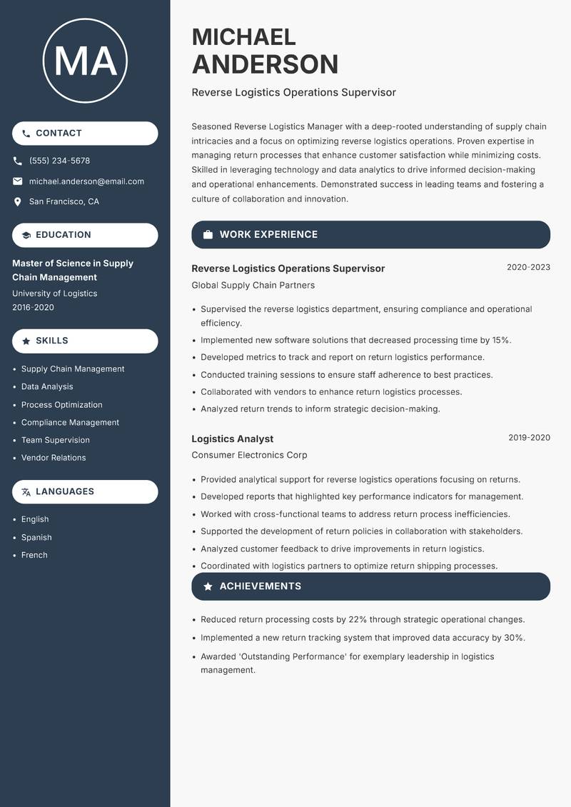 Reverse Logistics Manager Resume Preview Example