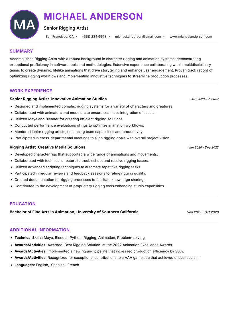 Rigging Artist Resume Preview Example