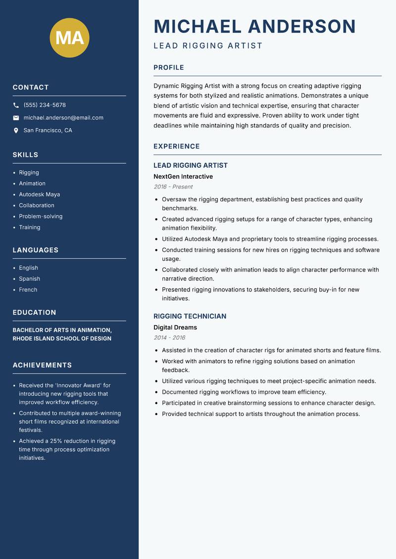 Rigging Artist Resume Preview Example