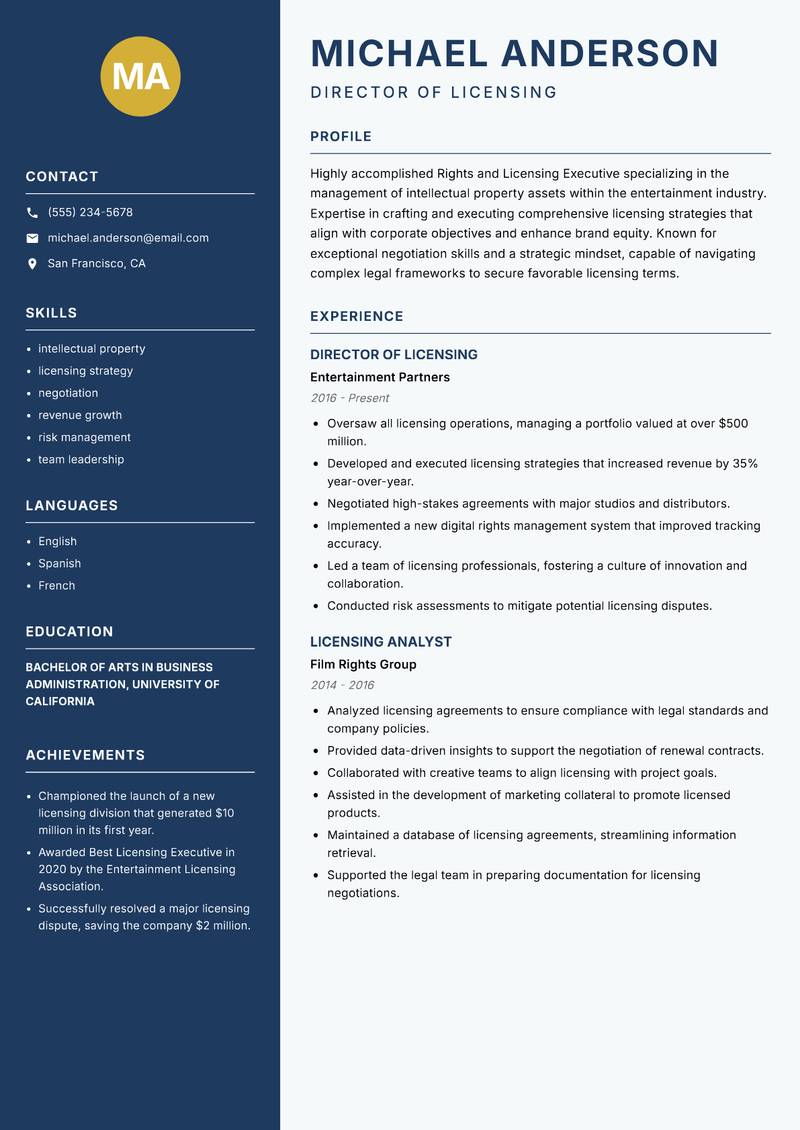 Rights and Licensing Executive Resume Preview Example