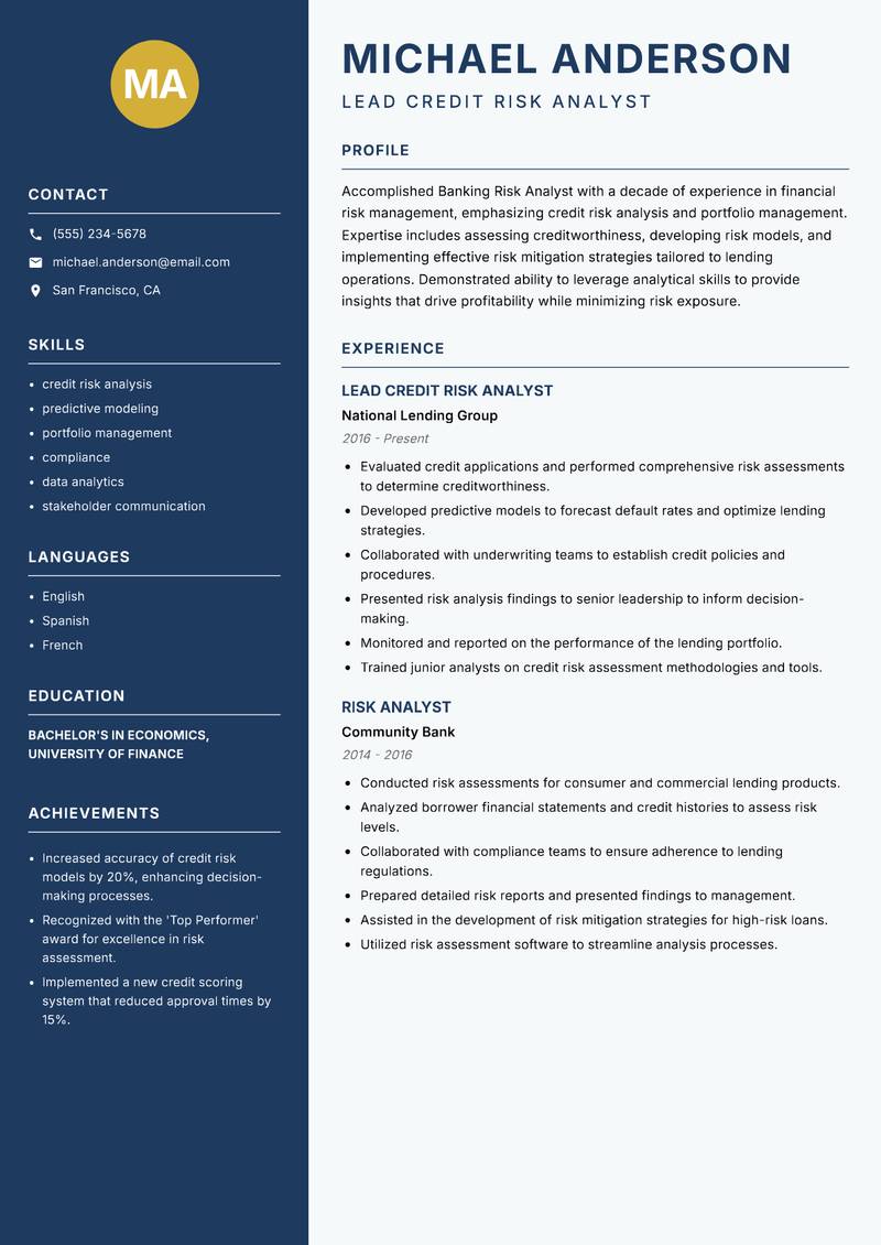 Risk Analyst Banking Resume Preview Example