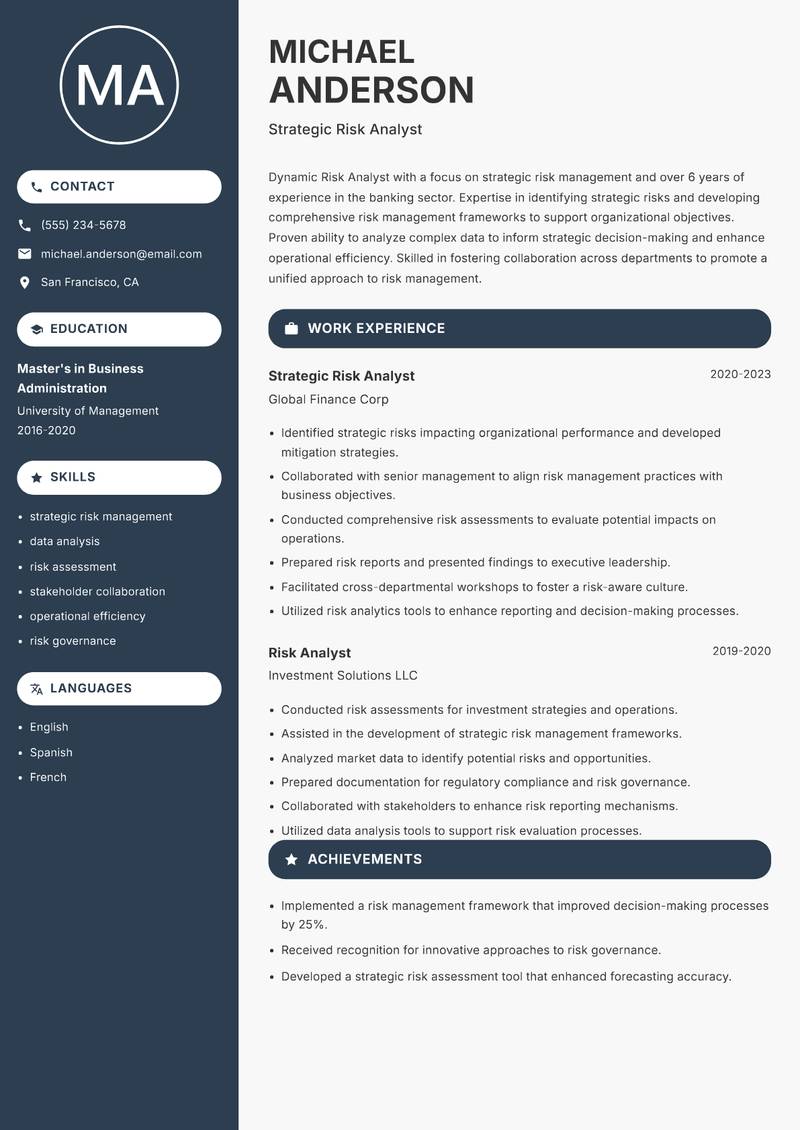 Risk Analyst Banking Resume Preview Example