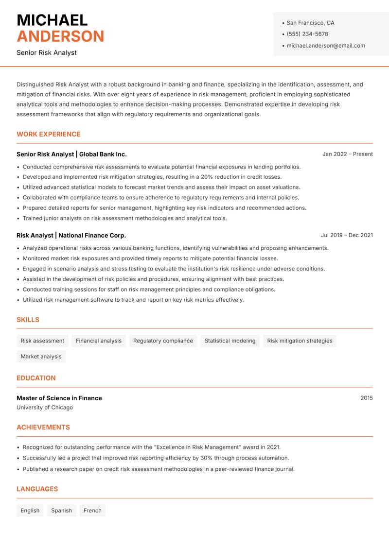 Risk Analyst Banking Resume Template