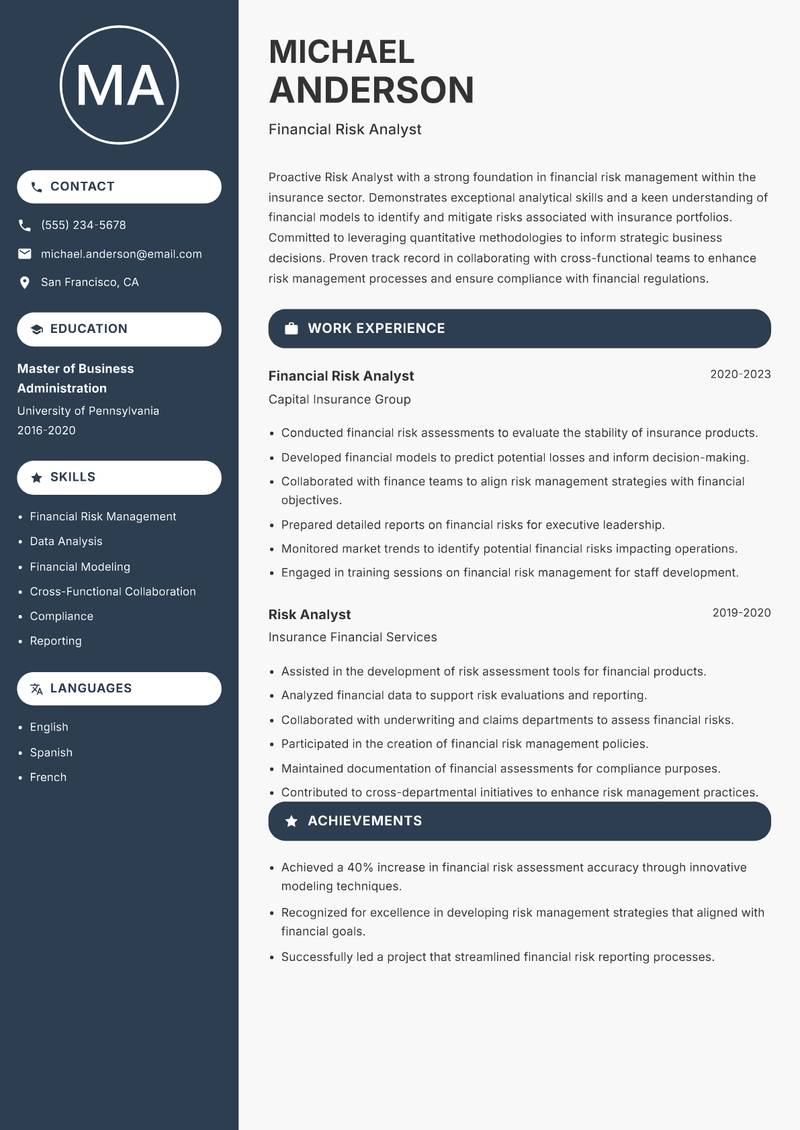 Risk Analyst Insurance Resume Preview Example