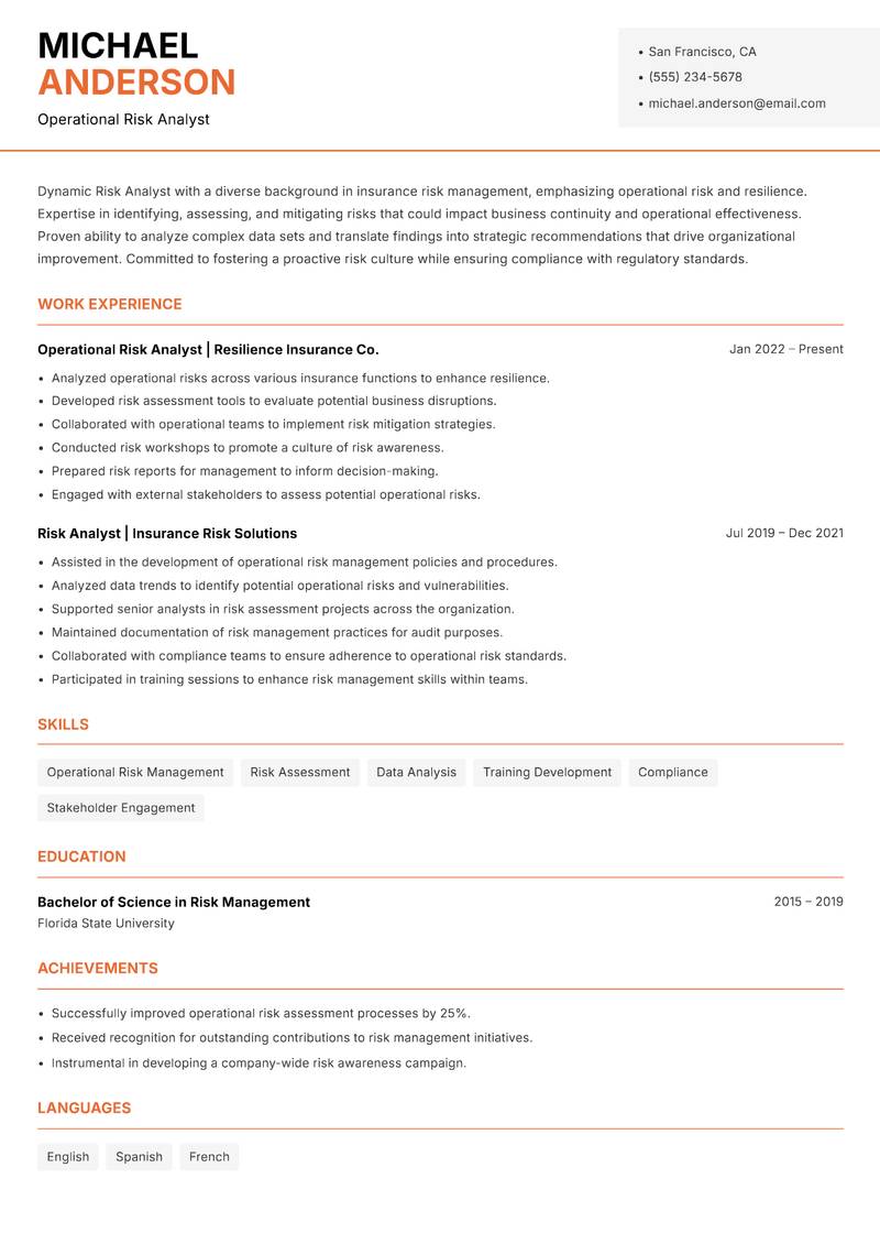 Risk Analyst Insurance Resume Template