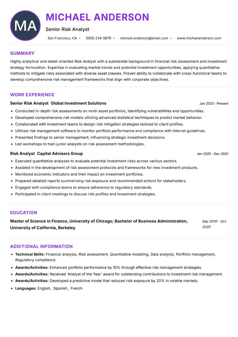 Risk Analyst Investments Resume Preview Example