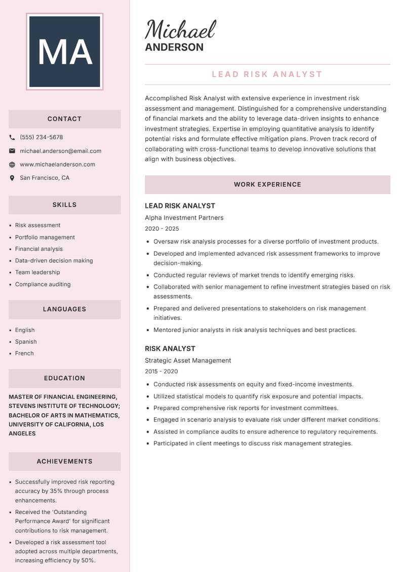 Risk Analyst Investments Resume Preview Example