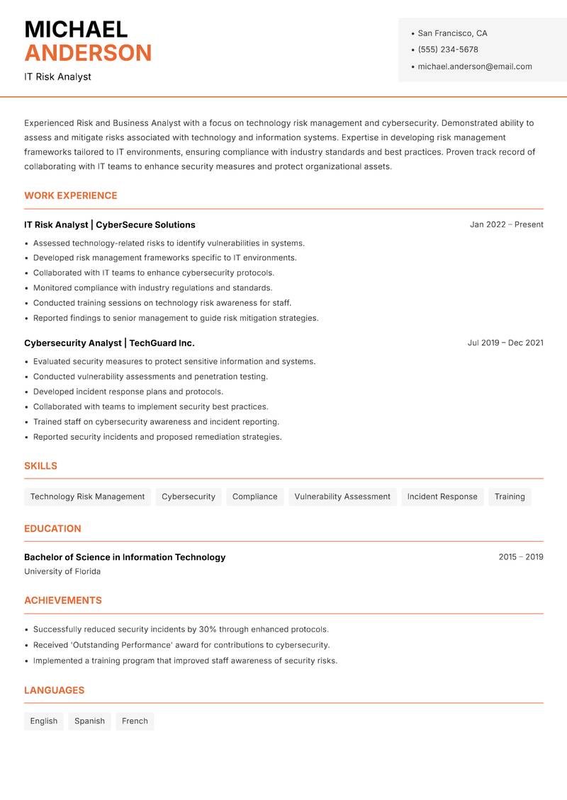 Risk and Business Analyst Resume Template