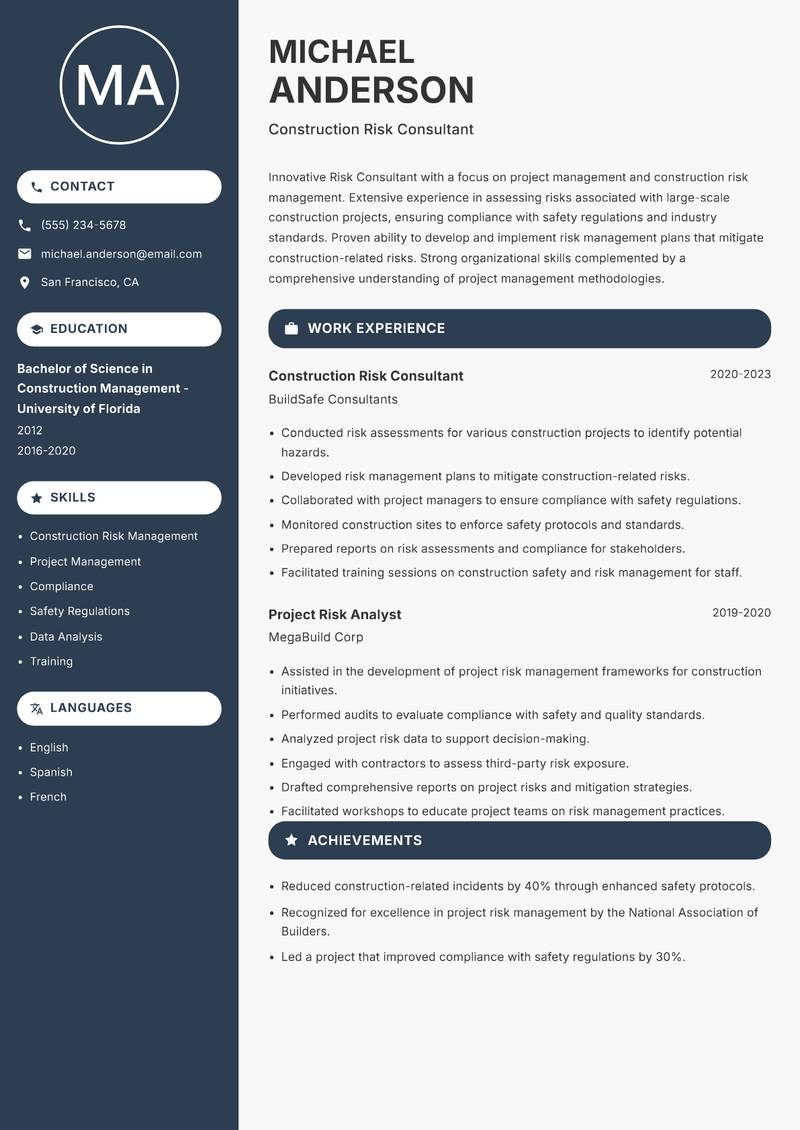 Risk Consultant Resume Preview Example