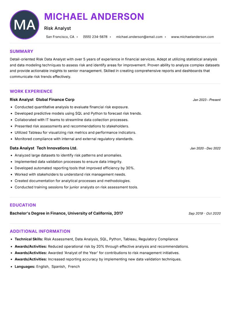 Risk Data Analyst Resume Preview Example