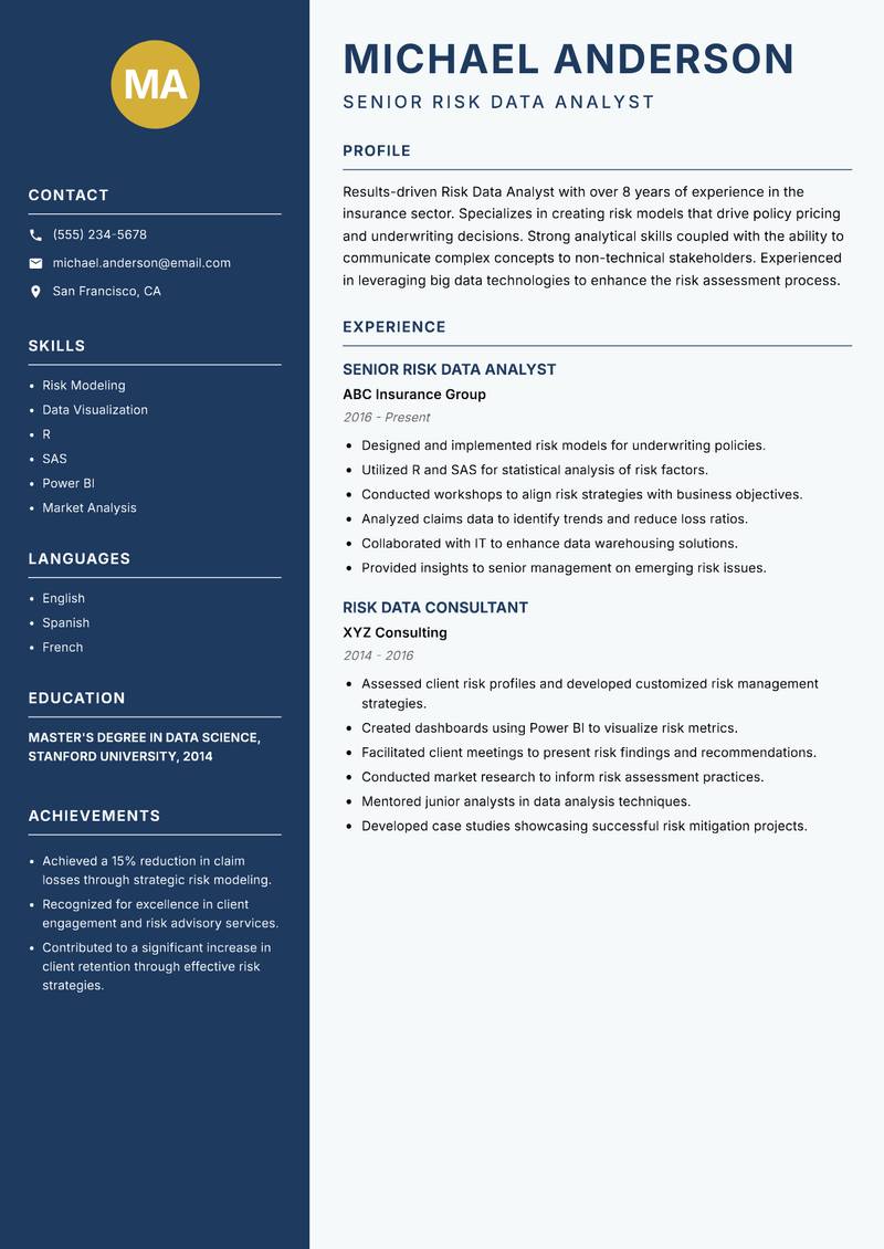 Risk Data Analyst Resume Preview Example