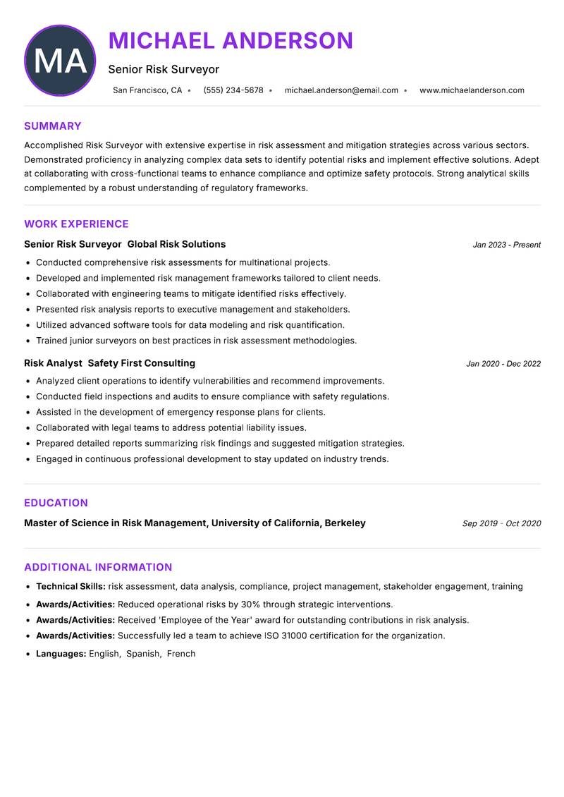 Risk Surveyor Resume Preview Example