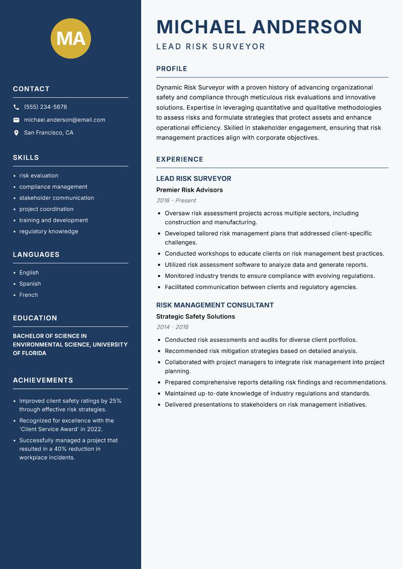 Risk Surveyor Resume Preview Example