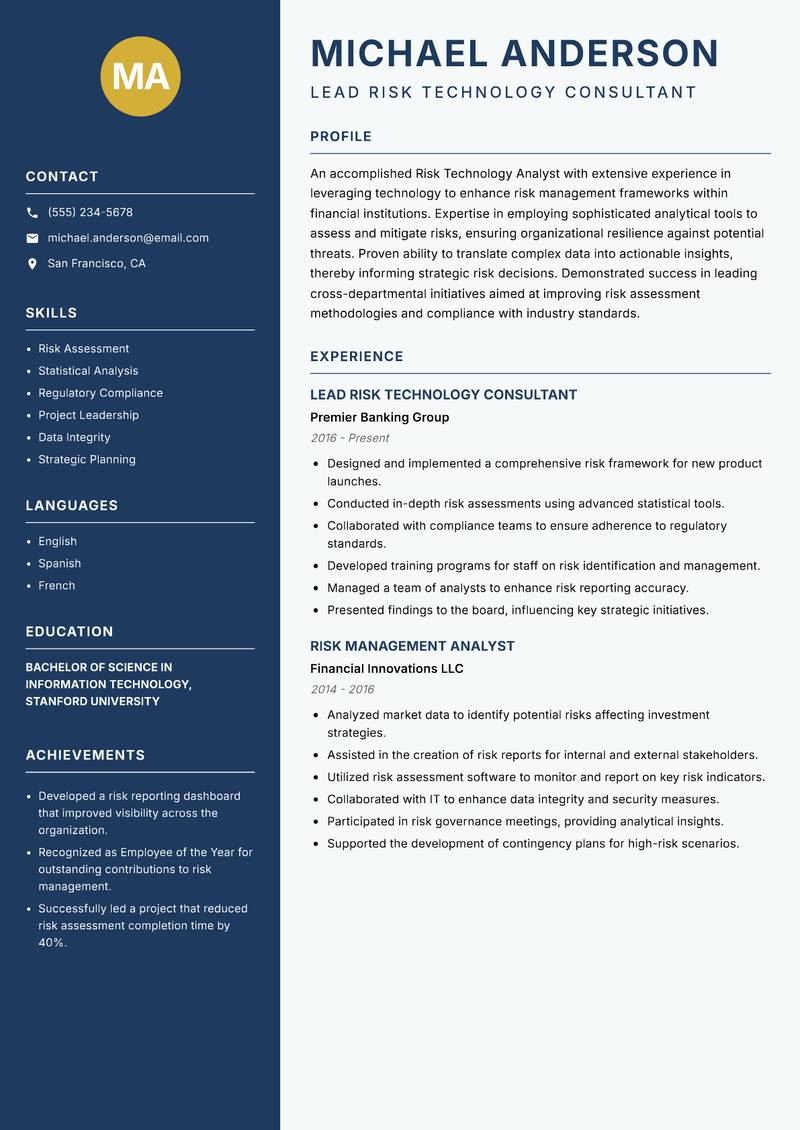Risk Technology Analyst Resume Preview Example