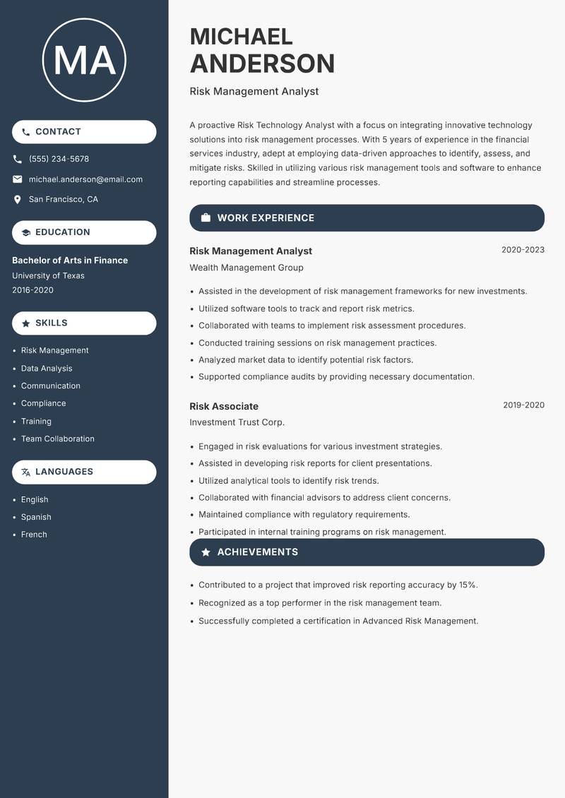 Risk Technology Analyst Resume Preview Example