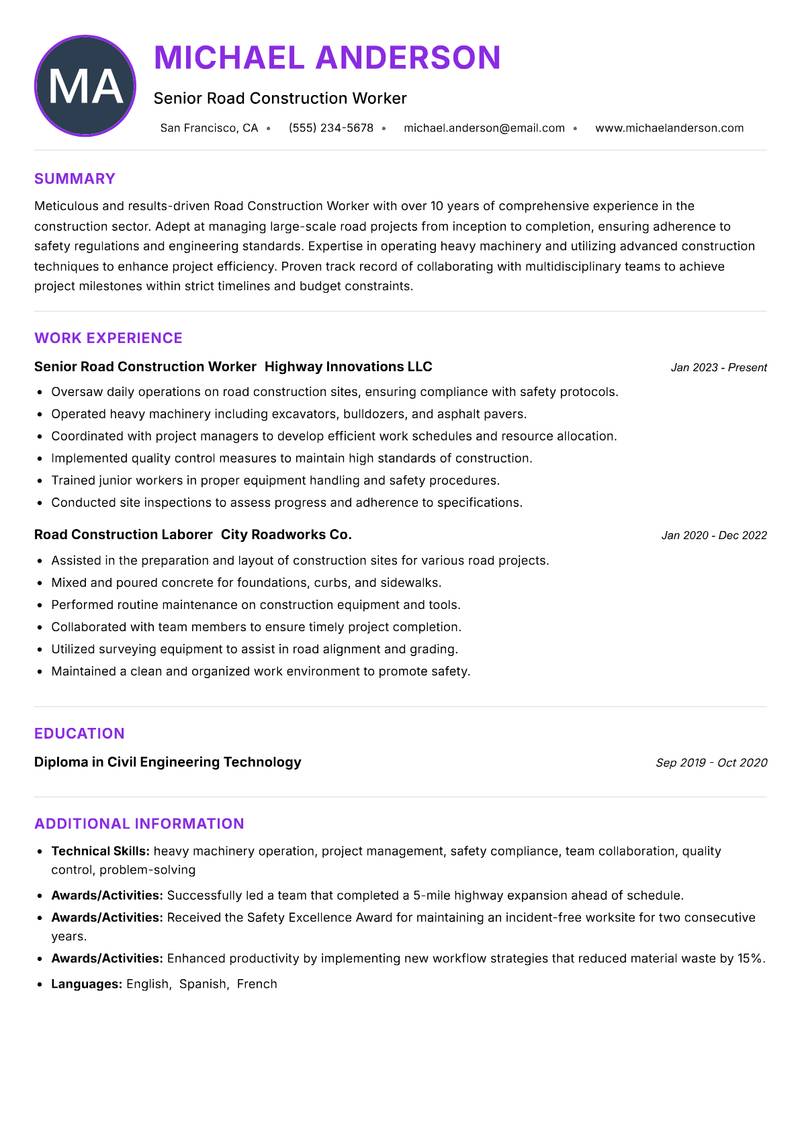 Road Construction Worker Resume Preview Example