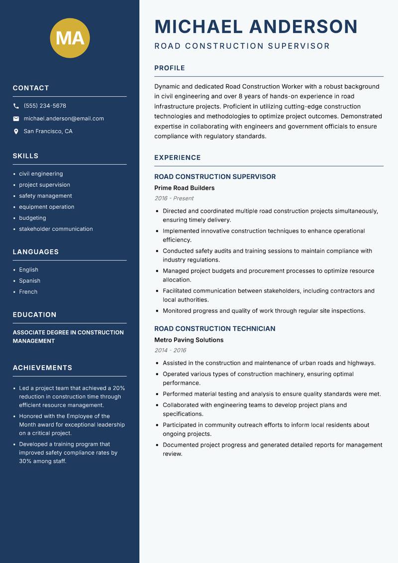 Road Construction Worker Resume Preview Example