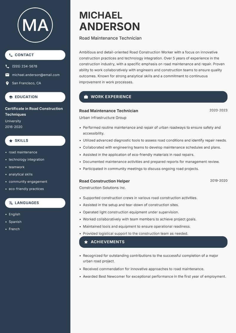 Road Construction Worker Resume Preview Example