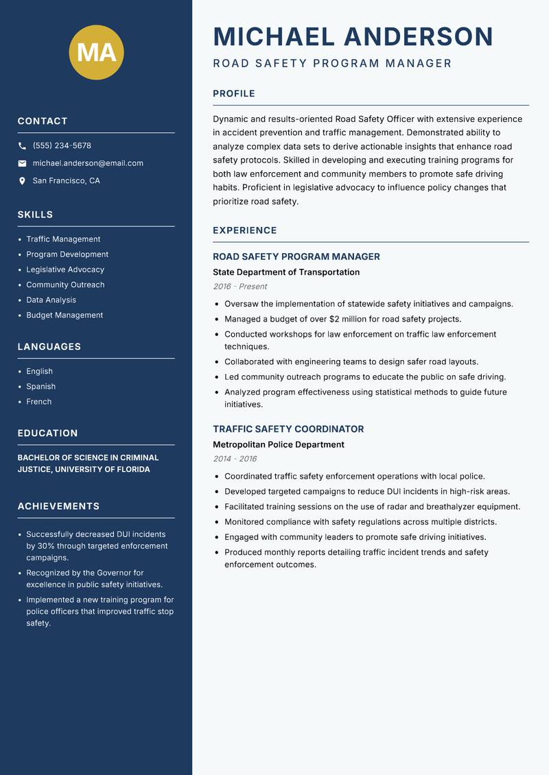 Road Safety Officer Resume Preview Example