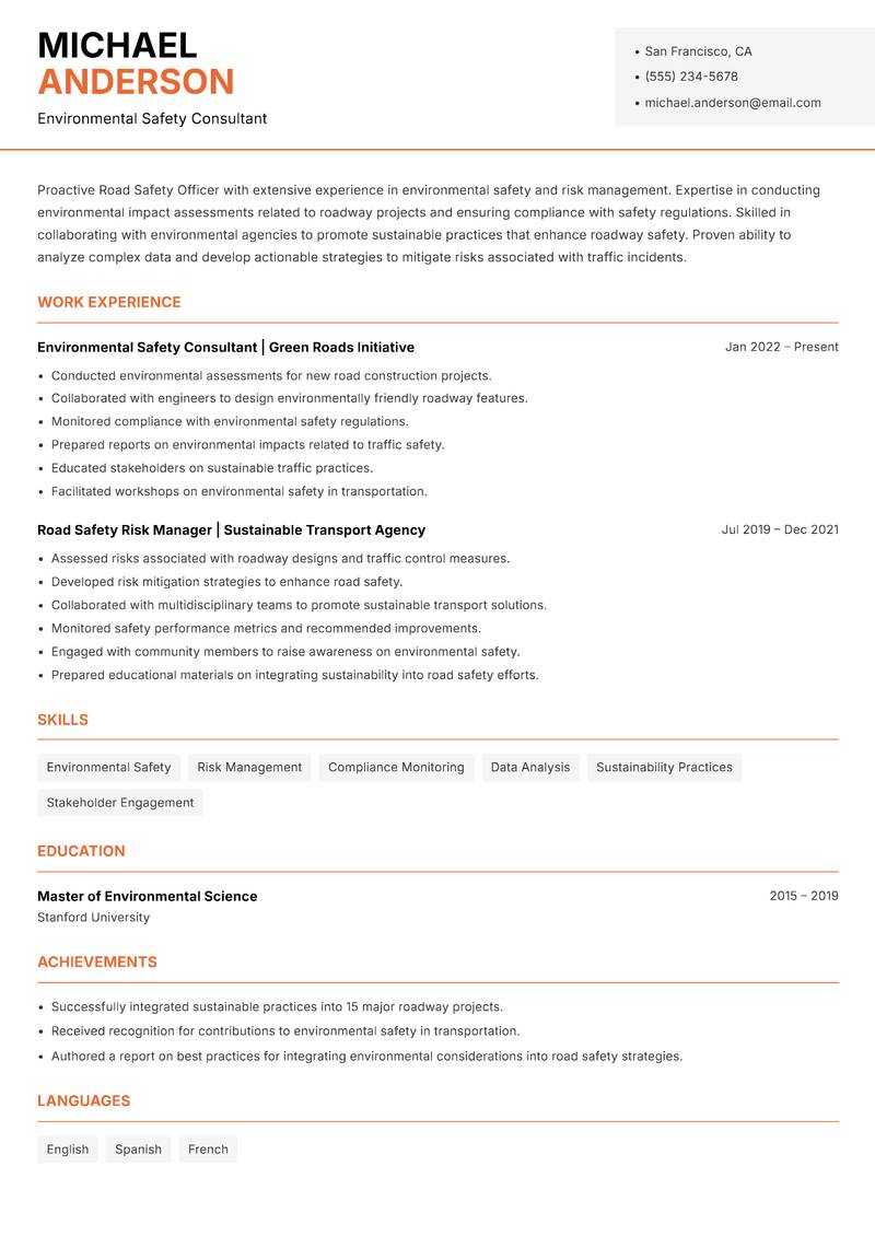 Road Safety Officer Resume Template